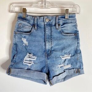 Aeropostale Womens Shorts Sz 4 Light Wash Super High Rise Distressed Midi Shorts
